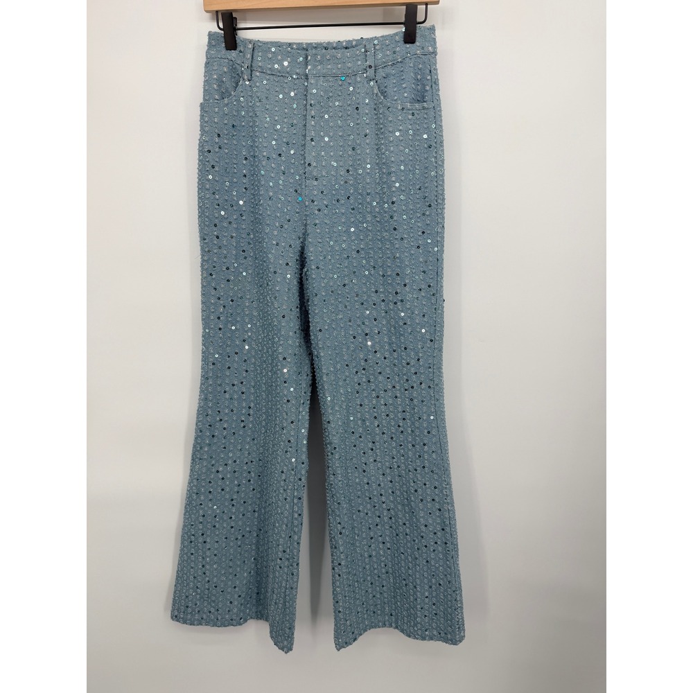 Sequin Denim Trousers Women Small Light Blue Good Distressed Wide Leg Sparkle